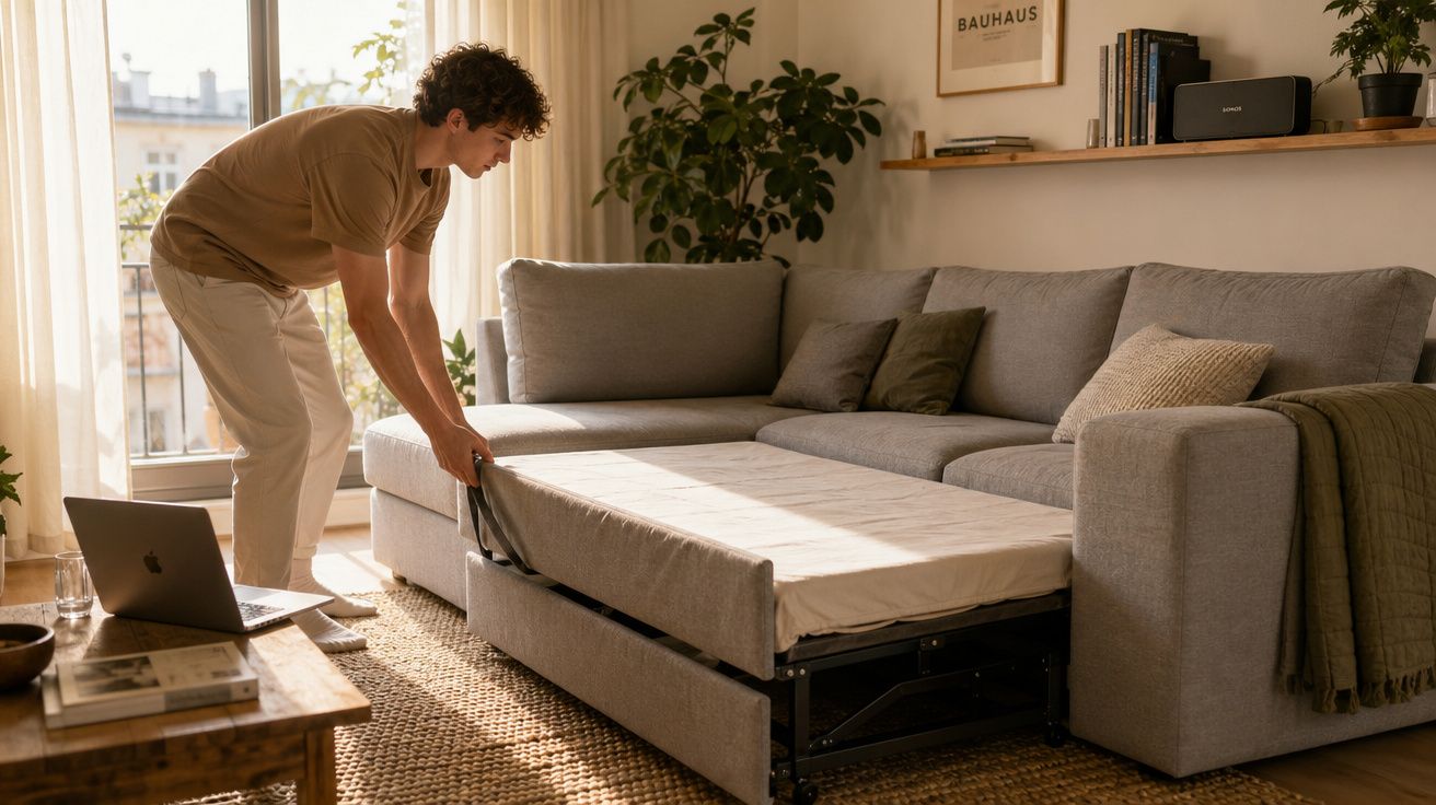 Homem a transformar sofá-cama na sala iluminada, ao lado de mesa com computador portátil aberto.