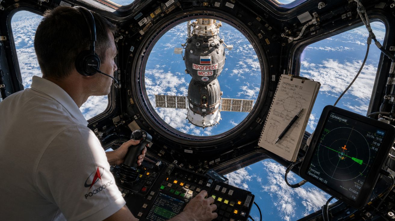 Astronauta controla estação espacial com módulo Progress MS-33 visível pela janela circular no espaço.