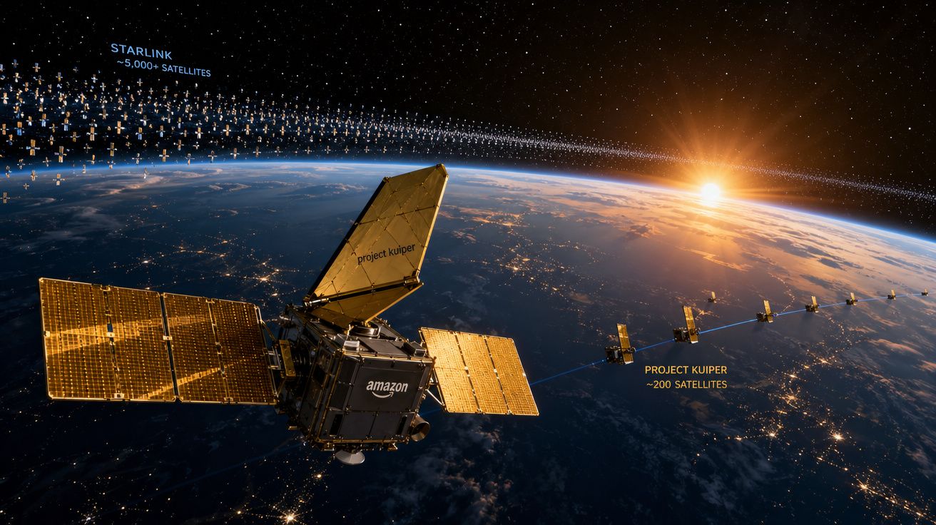 Satélite Project Kuiper da Amazon em órbita da Terra, com visualização de satélites Starlink e Project Kuiper ao pôr do sol.