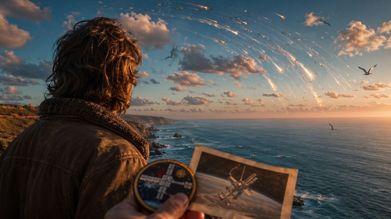 Pessoa de costas numa falésia a olhar para o céu crepuscular com meteoros e segurando uma foto e um emblema espacial.