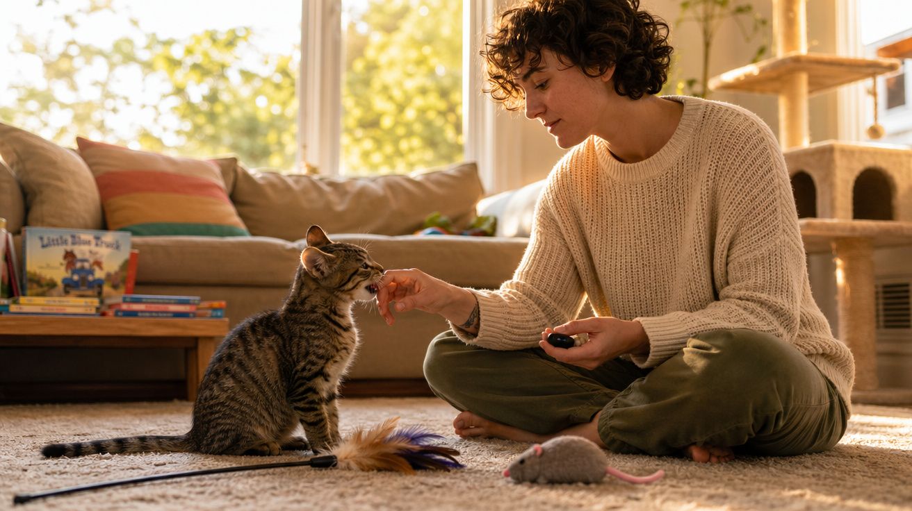 Pessoa sentada no tapete dá petisco a gato num ambiente doméstico iluminado.