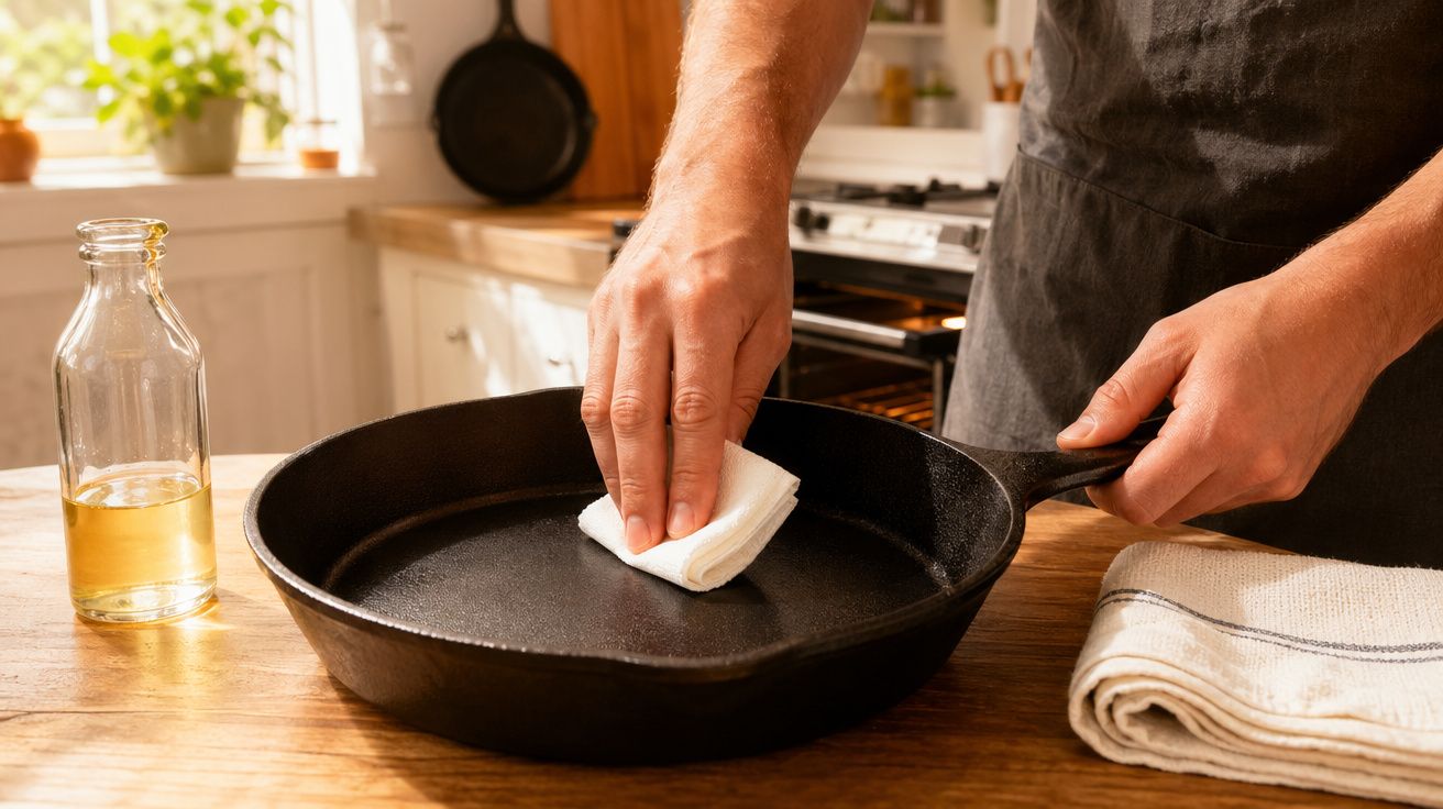 Pessoa a limpar uma frigideira de ferro com um pano branco numa cozinha iluminada natural.