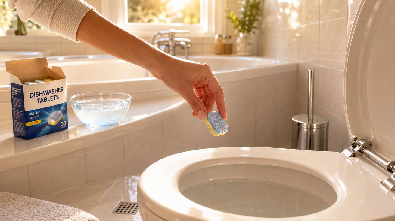 Mão a colocar uma pastilha de limpeza no interior da sanita numa casa de banho iluminada.