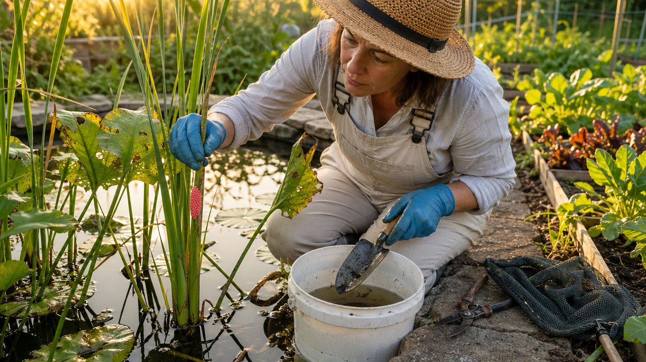 Mulher com chapéu e luvas azuis a cuidar de plantas junto a um lago num jardim relvado ao pôr do sol.