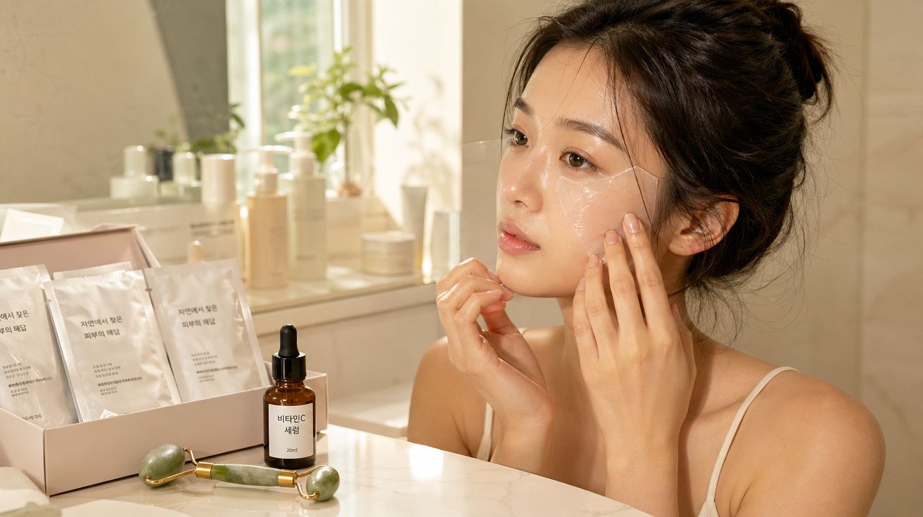 Mulher aplica sérum facial num rosto iluminado, com produtos de beleza e rolo de jade numa bancada.