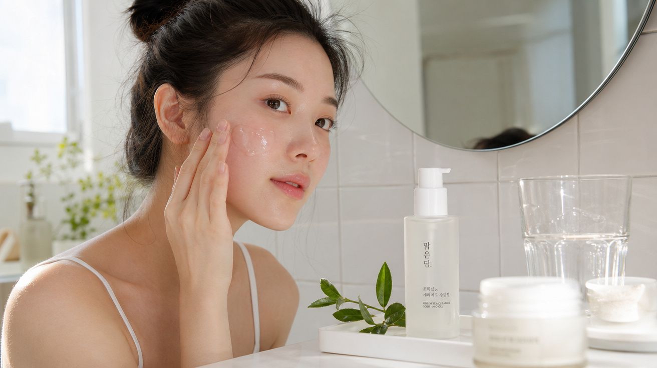 Mulher a aplicar creme hidratante no rosto em casa, com produtos de cuidado da pele na bancada.