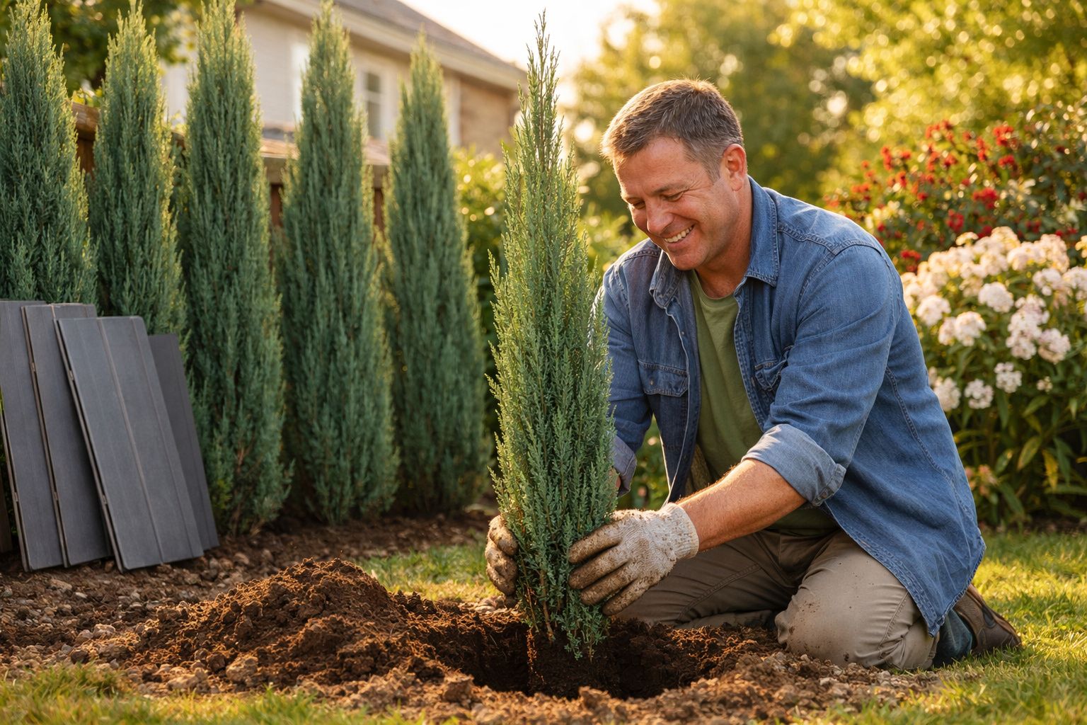 Homem a sorrir enquanto planta um pequeno pinheiro num jardim ensolarado, rodeado de outras árvores e flores.