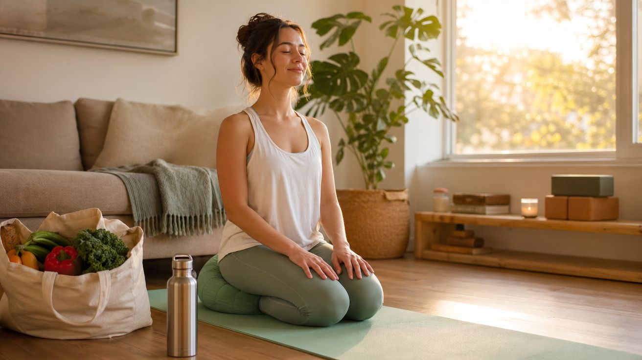 Mulher sentada em posição de meditação num tapete de yoga, rodeada por plantas e luz natural.