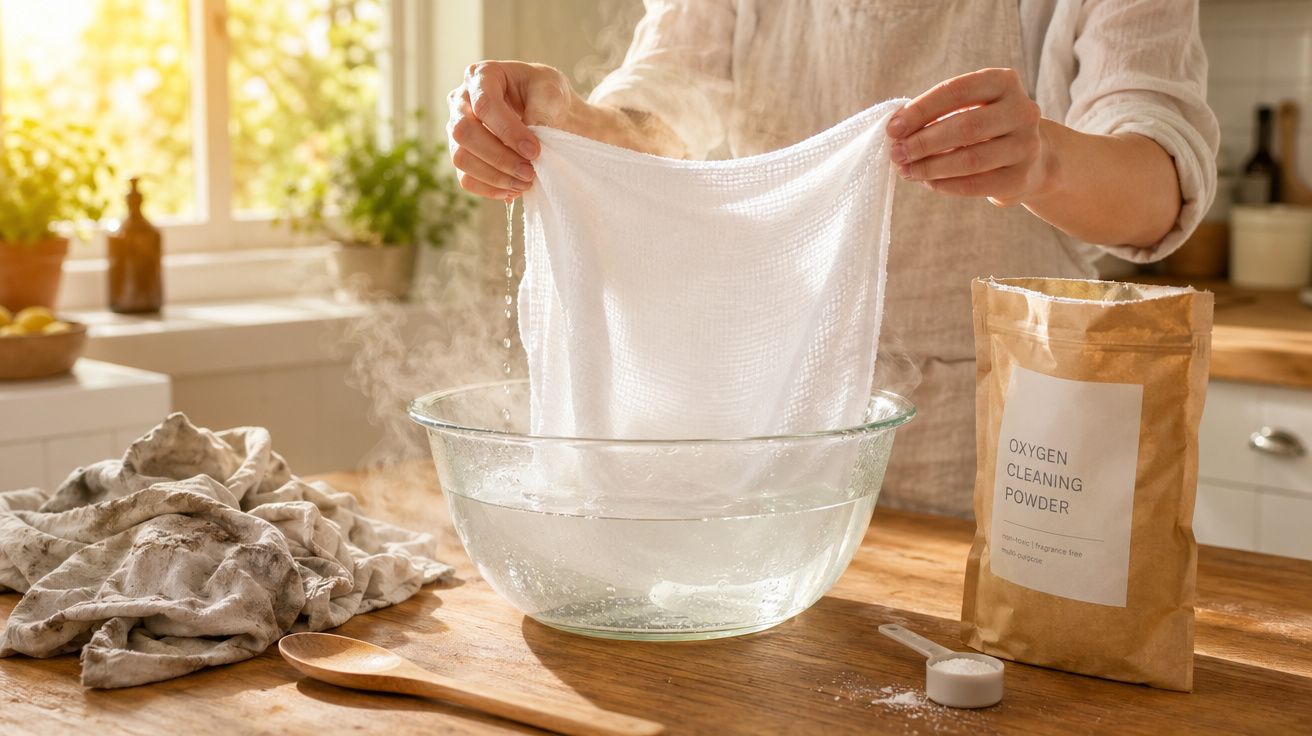 Pessoa a usar um pano branco para limpar numa tigela com água quente numa cozinha iluminada.