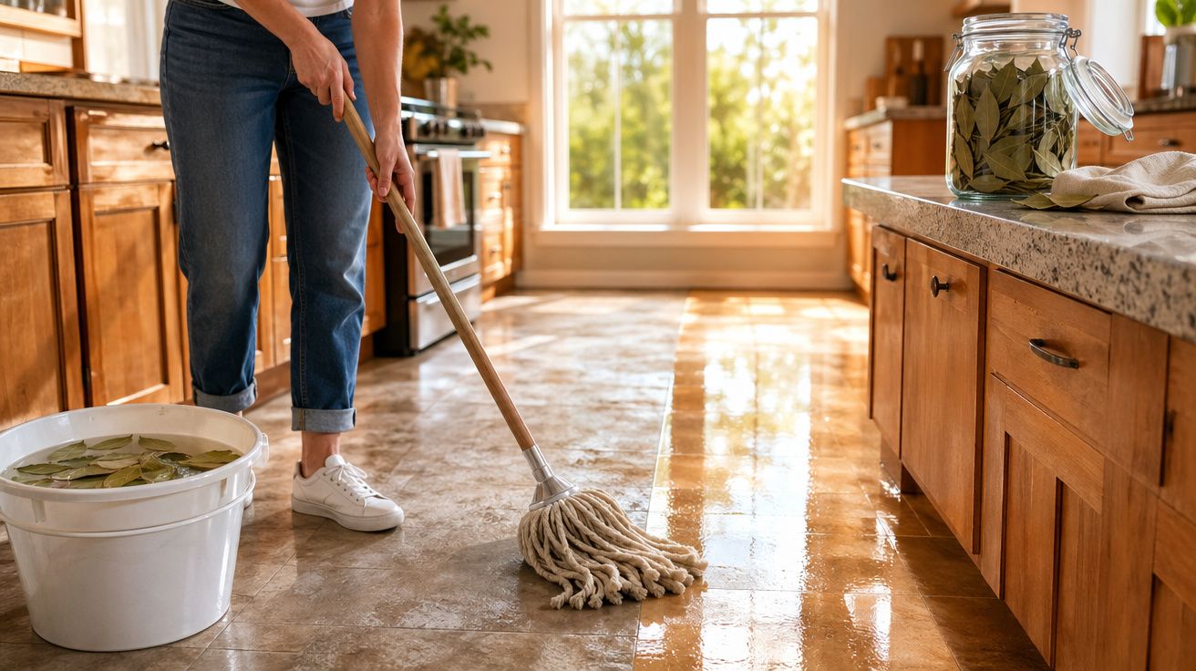 Pessoa a limpar o chão da cozinha com esfregona e balde branco com folhas dentro, luz natural entra pela janela.