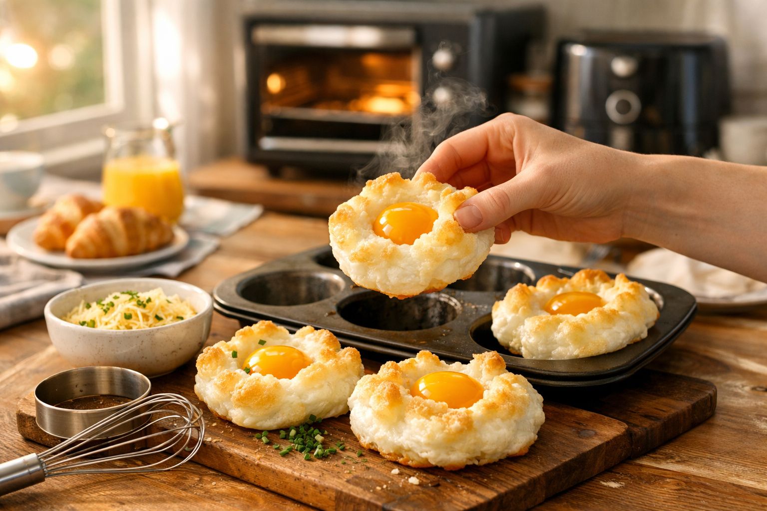 Mãos a retirar ovos em nuvem acabados de fazer de uma forma de queques numa cozinha acolhedora.