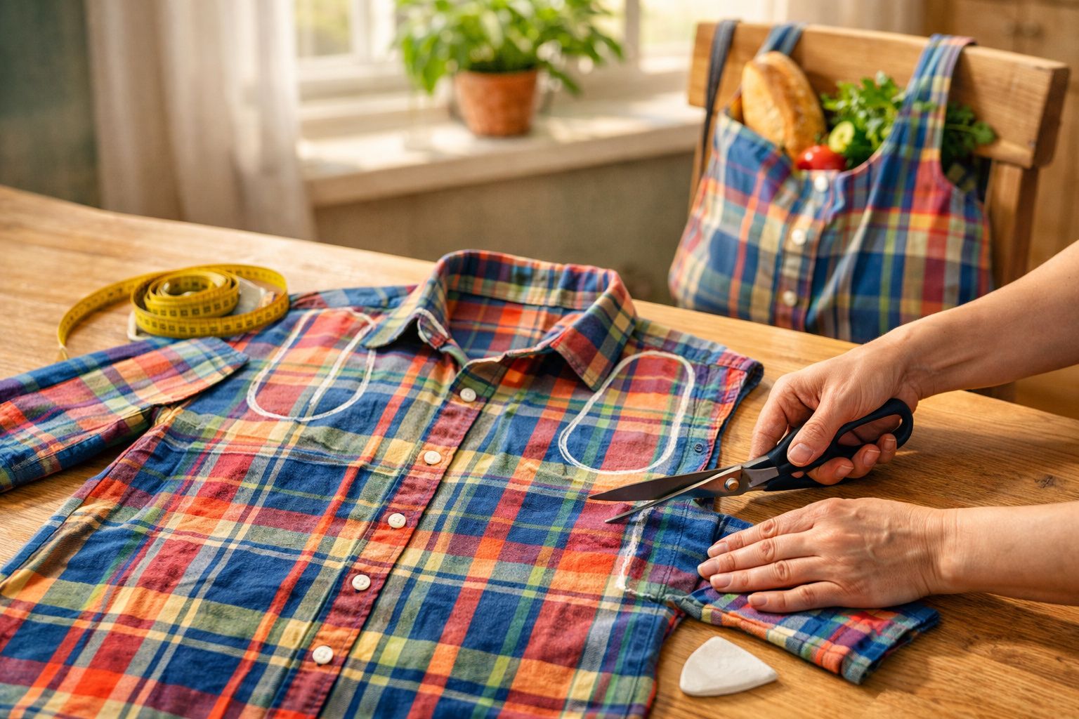 Mãos a cortar com tesoura camisa xadrez colorida sobre mesa de madeira, fita métrica e saco xadrez ao fundo.