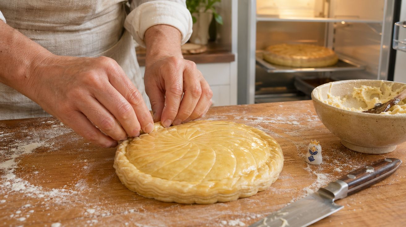 Mãos a fechar bordas de galette des rois numa cozinha com forno, tigela de massa e faca na bancada.