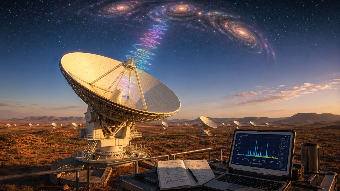 Antena de rádio telescópio apontada ao céu com sinais captados, computador e cadernos num deserto ao pôr do sol.