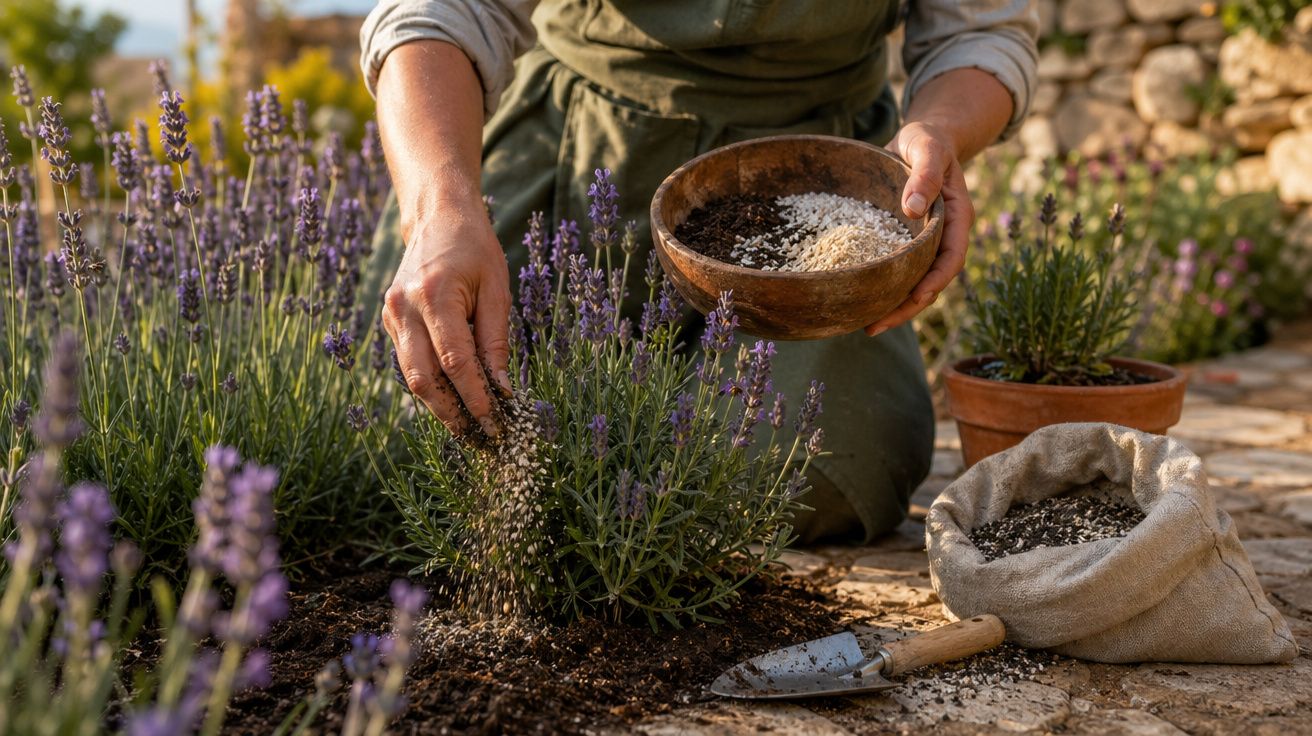 Pessoa a adubar plantas de lavanda num jardim com terra e ferramentas ao redor.