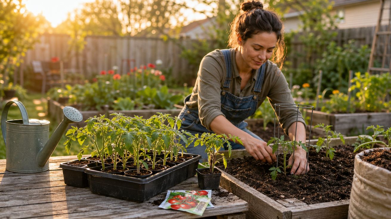 Mulher a plantar tomates num jardim, com mudas e regador sobre mesa de madeira ao entardecer.