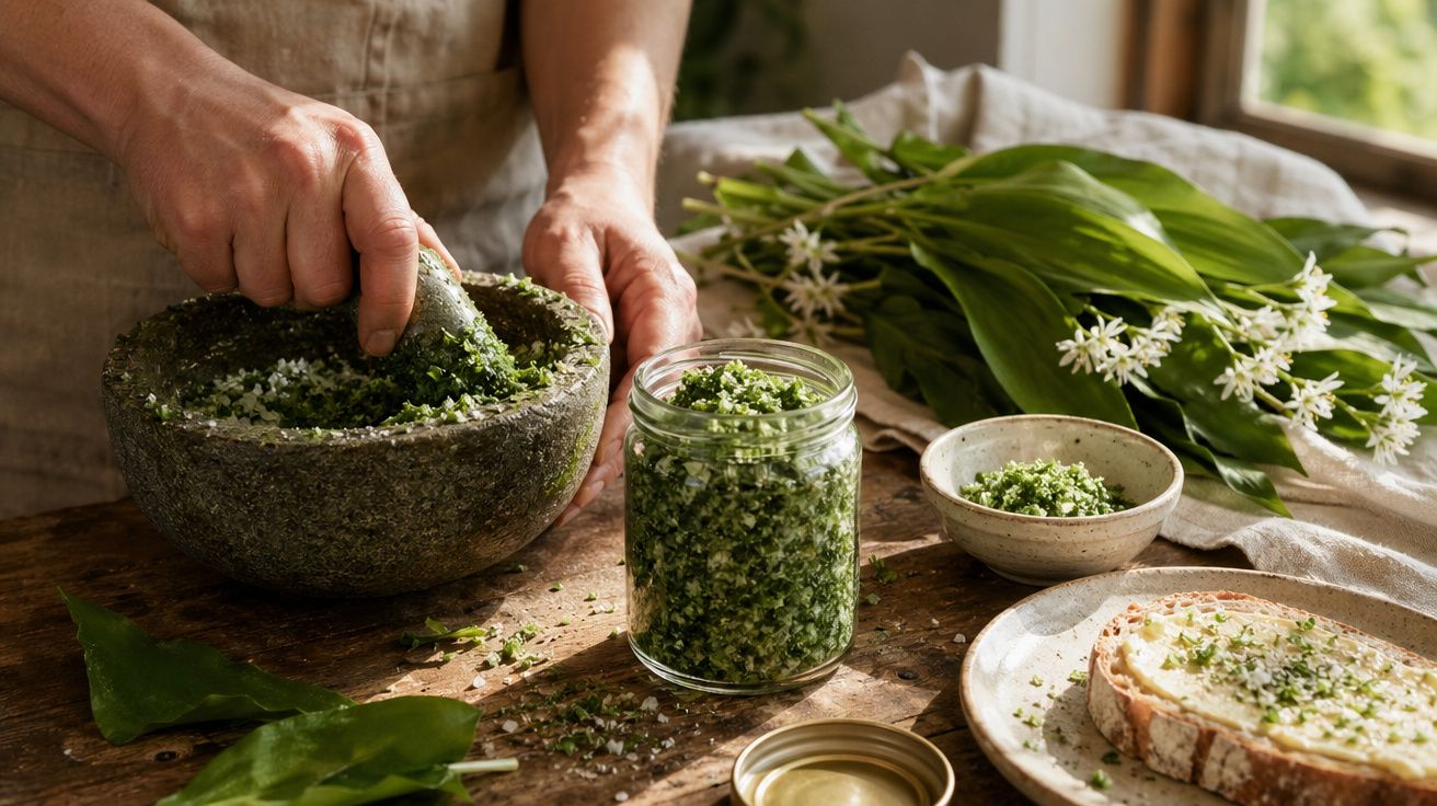 Pessoa a moer alho-francês num almofariz, com pesto caseiro e pão com manteiga num prato.