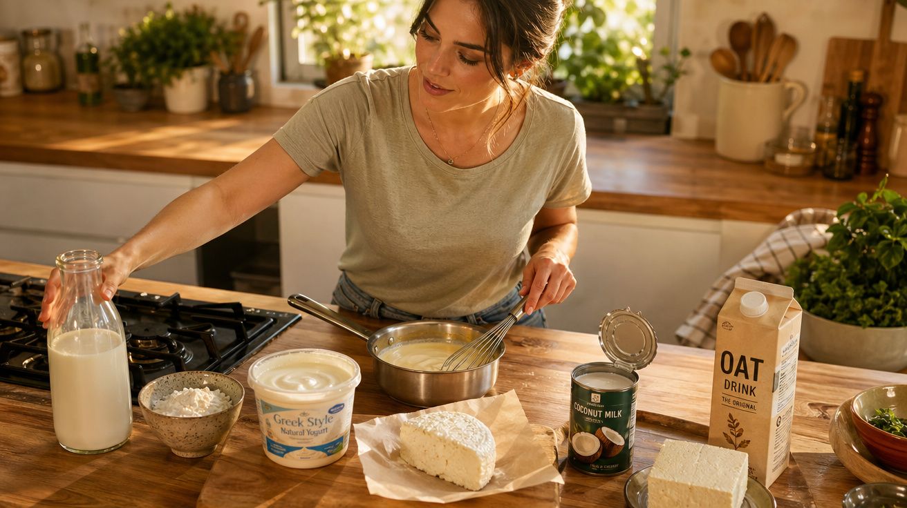 Mulher a cozinhar na cozinha com ingredientes como iogurte, leite de coco, queijo e bebida de aveia.