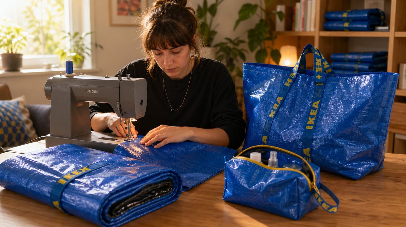 Mulher a coser tecido azul da IKEA numa máquina de costura em ambiente doméstico acolhedor.