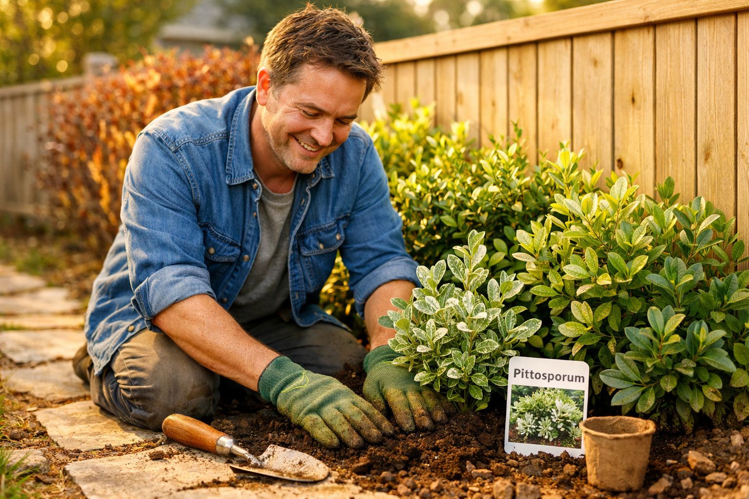 Homem a plantar um arbusto Pittosporum num jardim com luvas verdes e camisa azul.