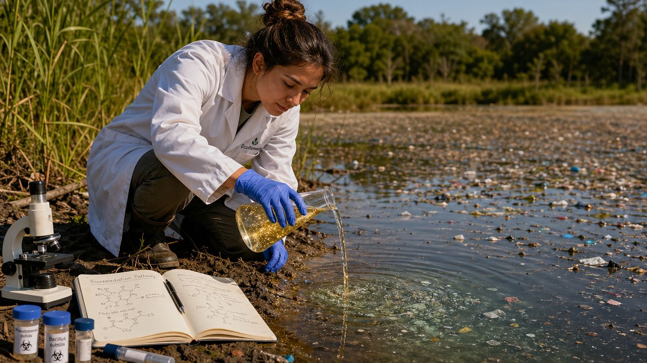 Cientista com jaleco e luvas recolhe amostra de água poluída junto a lagoa com lixo e equipamento de laboratório.