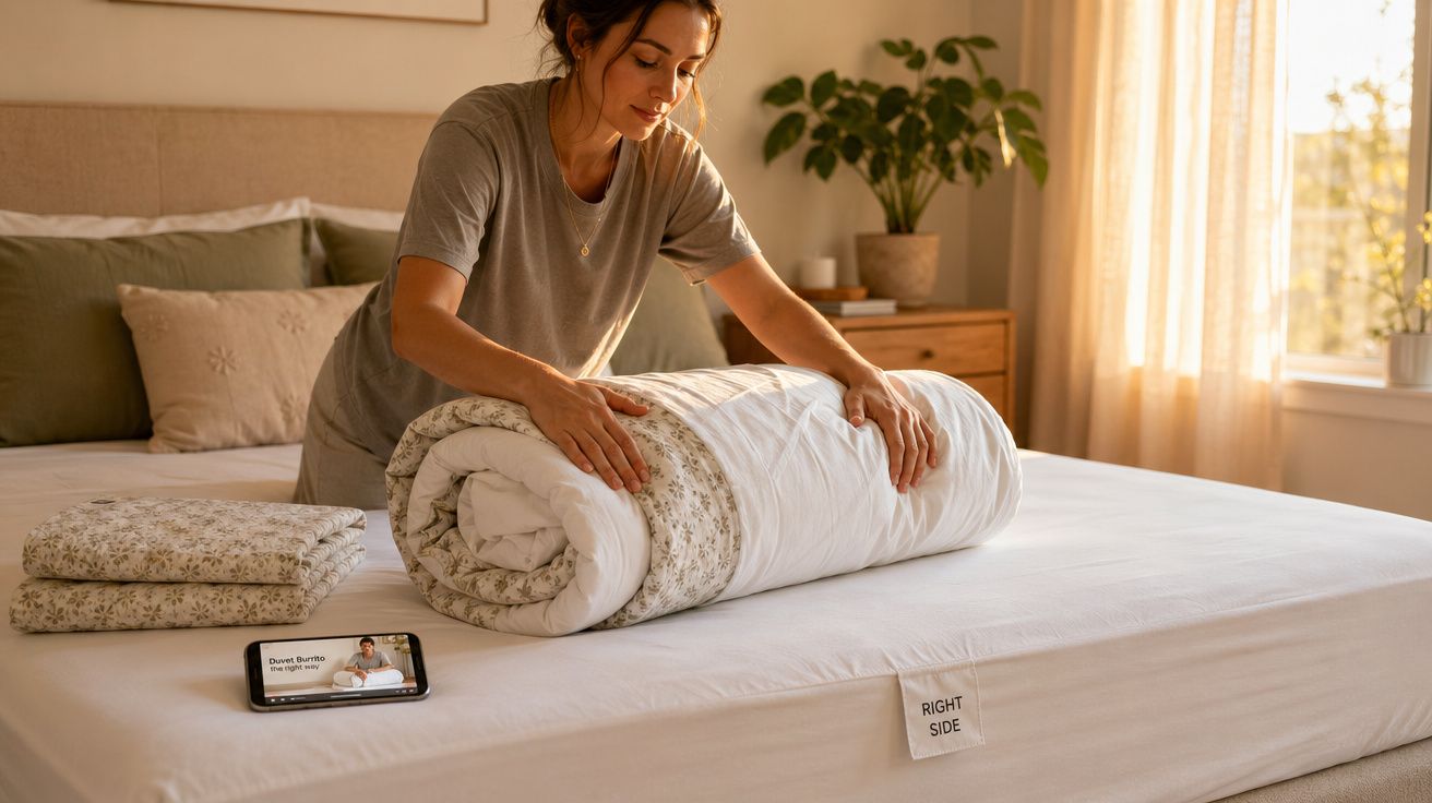 Mulher enrola um edredão branco e florido numa cama bem iluminada, ao lado de um telemóvel.
