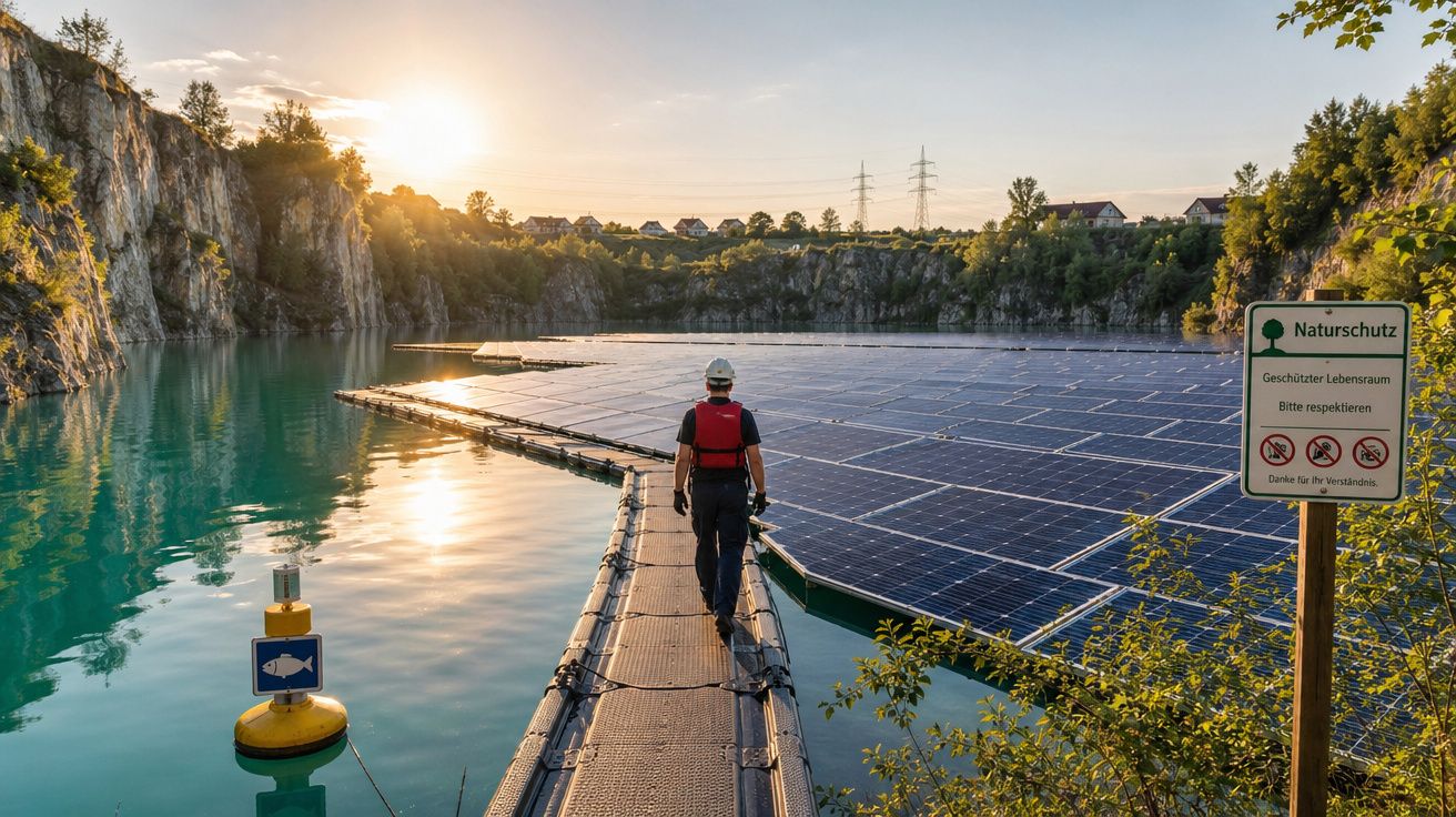 Pessoa a caminhar numa passadeira flutuante junto a painéis solares numa albufeira ao pôr do sol.