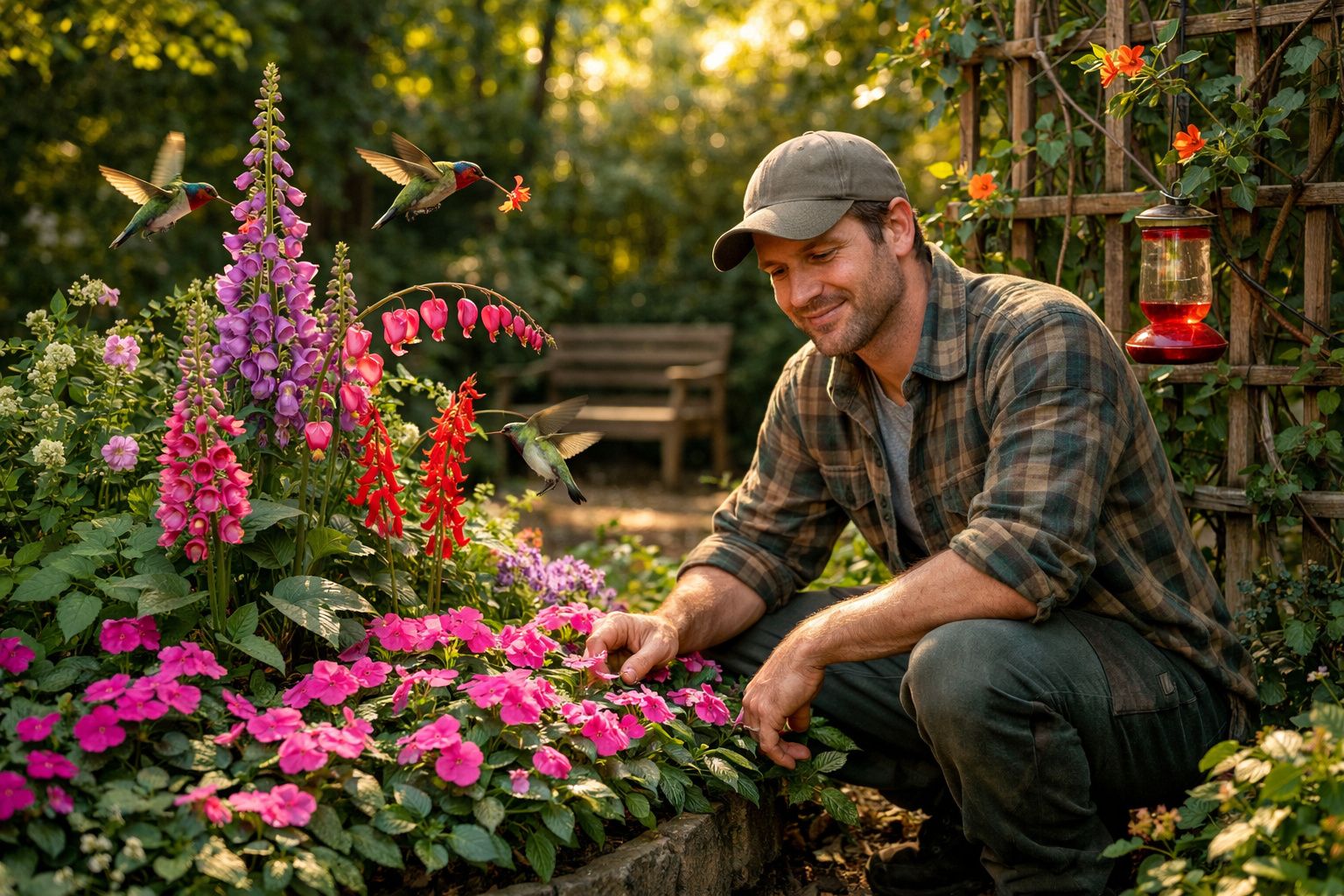 Homem de boné a cuidar de flores coloridas num jardim, rodeado por beija-flores a voar.