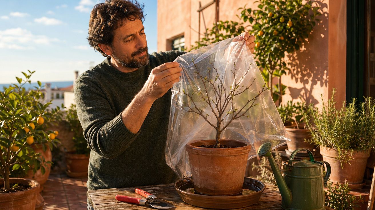 Homem cobre muda de árvore num vaso com plástico transparente numa varanda com várias plantas.