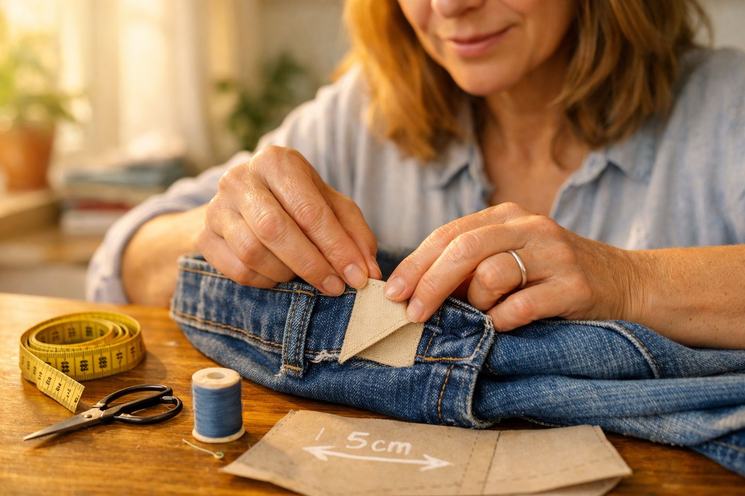 Mulher a coser um remendo de tecido em calças de ganga, com tesoura e fita métrica numa mesa.