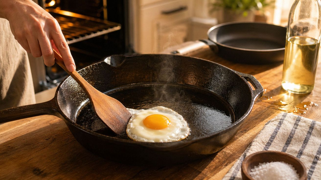 Pessoa a cozinhar um ovo estrelado numa frigideira de ferro fundido com espátula de madeira numa cozinha.