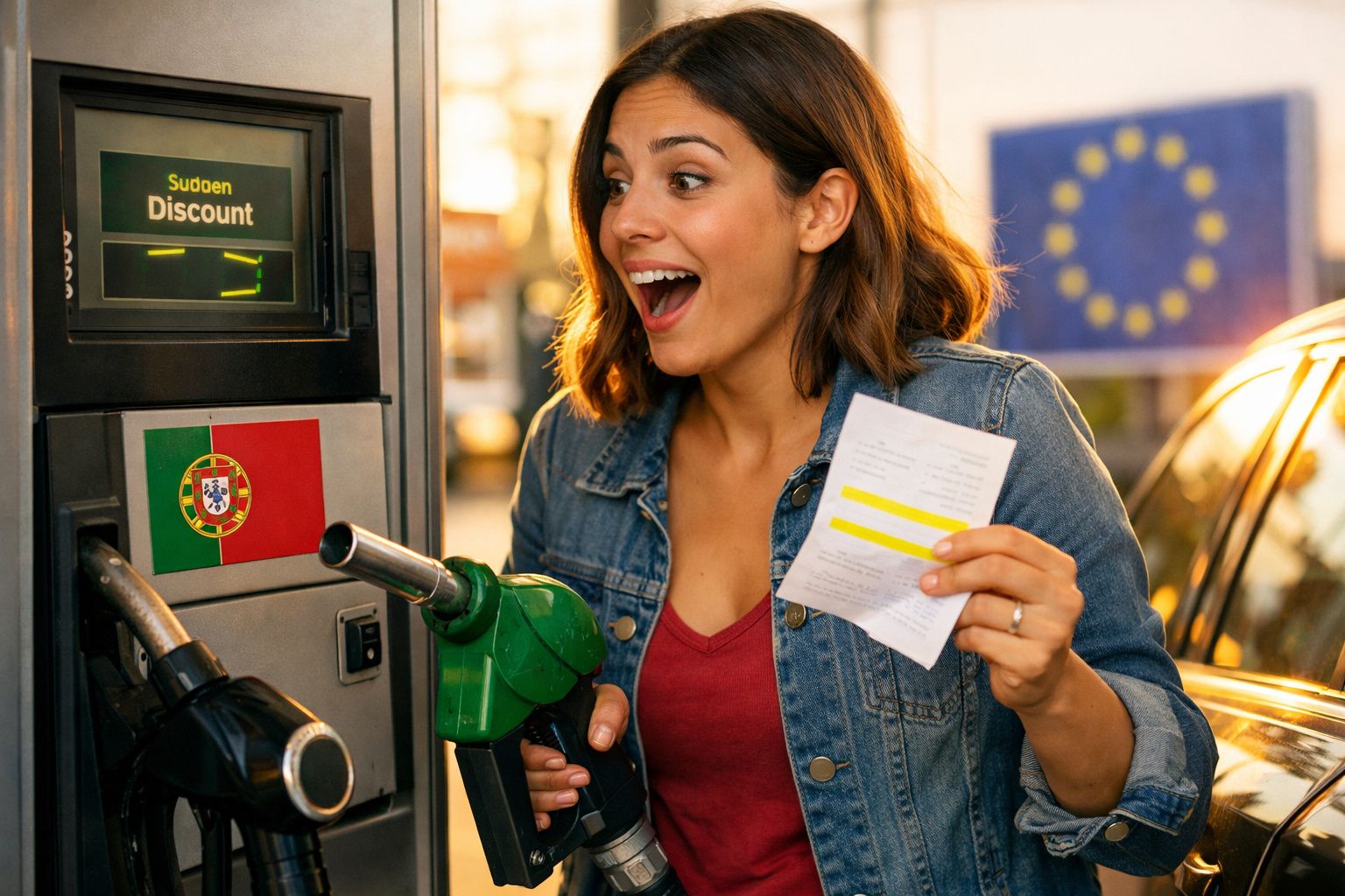 Mulher surpresa a olhar para o desconto no preço do combustível numa bomba em Portugal.