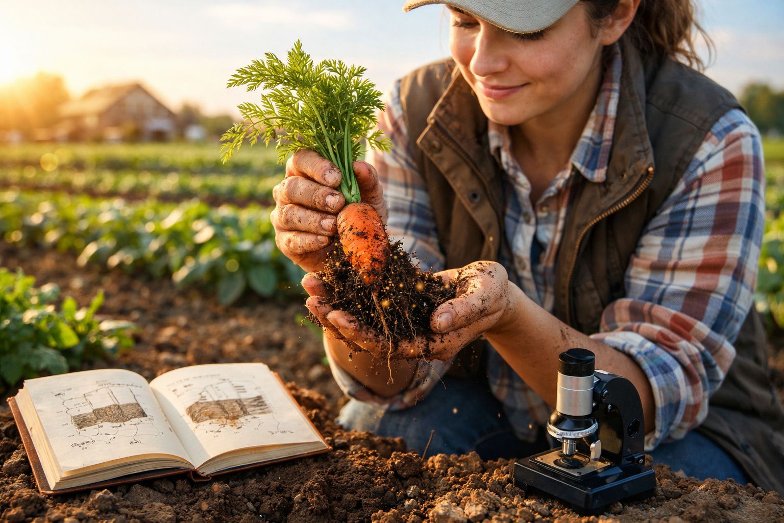 Pessoa a segurar uma cenoura com terra, sentada numa horta ao lado de um livro aberto e um microscópio.