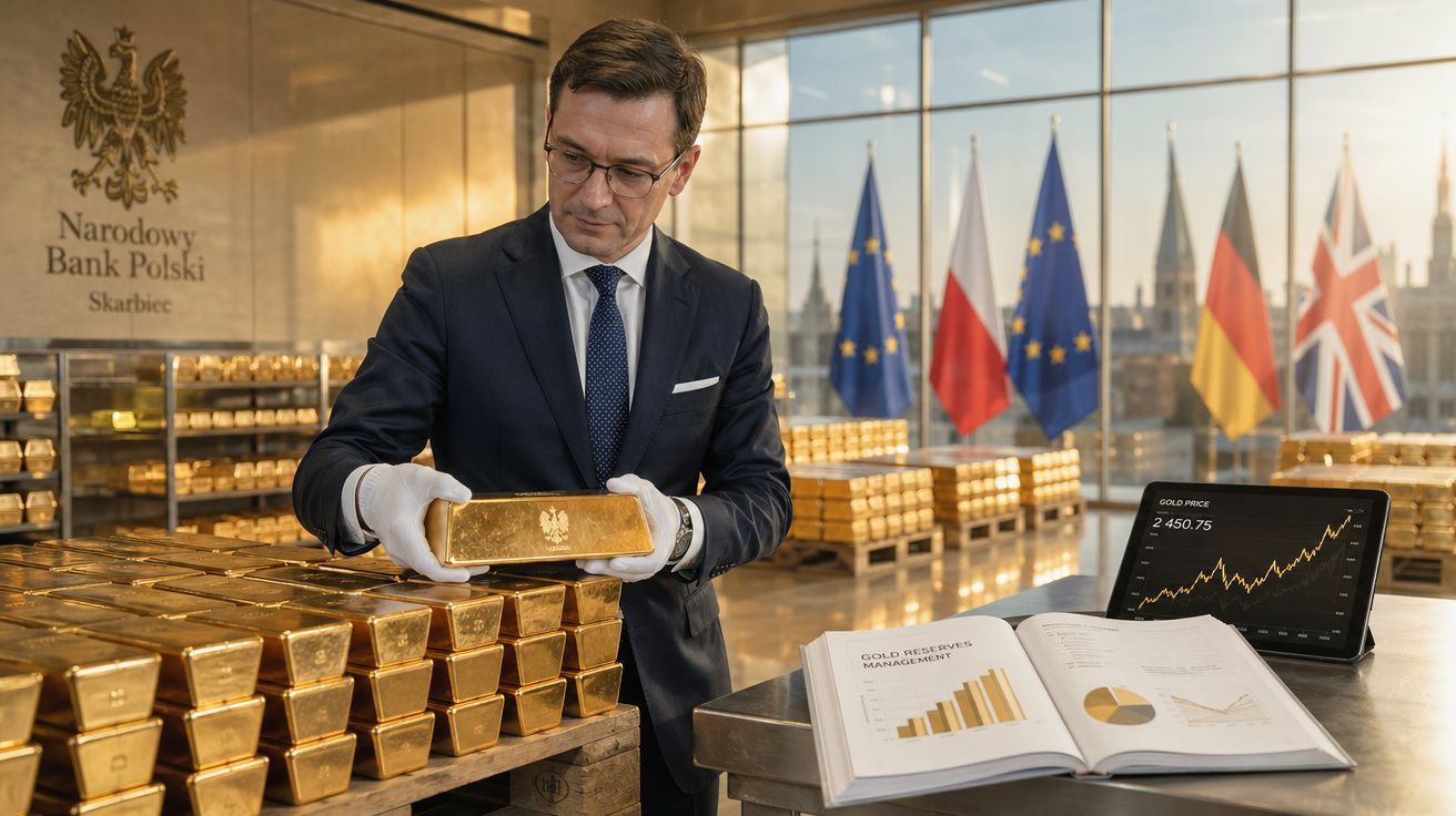 Homem de fato com luvas segura barra de ouro num cofre com várias barras e gráficos financeiros.