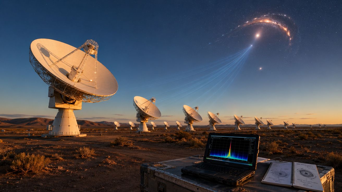 Antenas parabólicas num deserto ao pôr do sol com portátil a analisar sinais e representação de transmissão cósmica no céu.