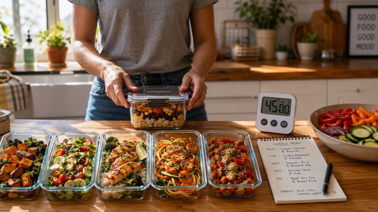 Pessoa a preparar marmitas saudáveis com legumes, carnes e plano semanal de refeições na cozinha.