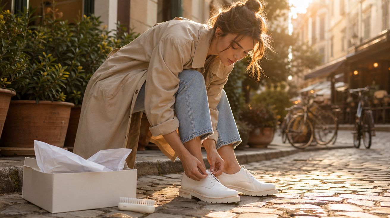 Mulher a calçar sapatos brancos num calçada, com caixa de sapatos e escova ao lado, ao pôr do sol.