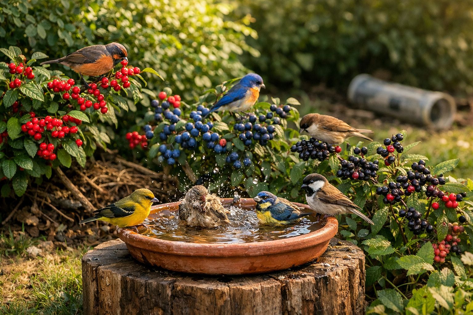 Várias espécies de pássaros coloridos em fruits e a beber água numa taça rústica num tronco na natureza.