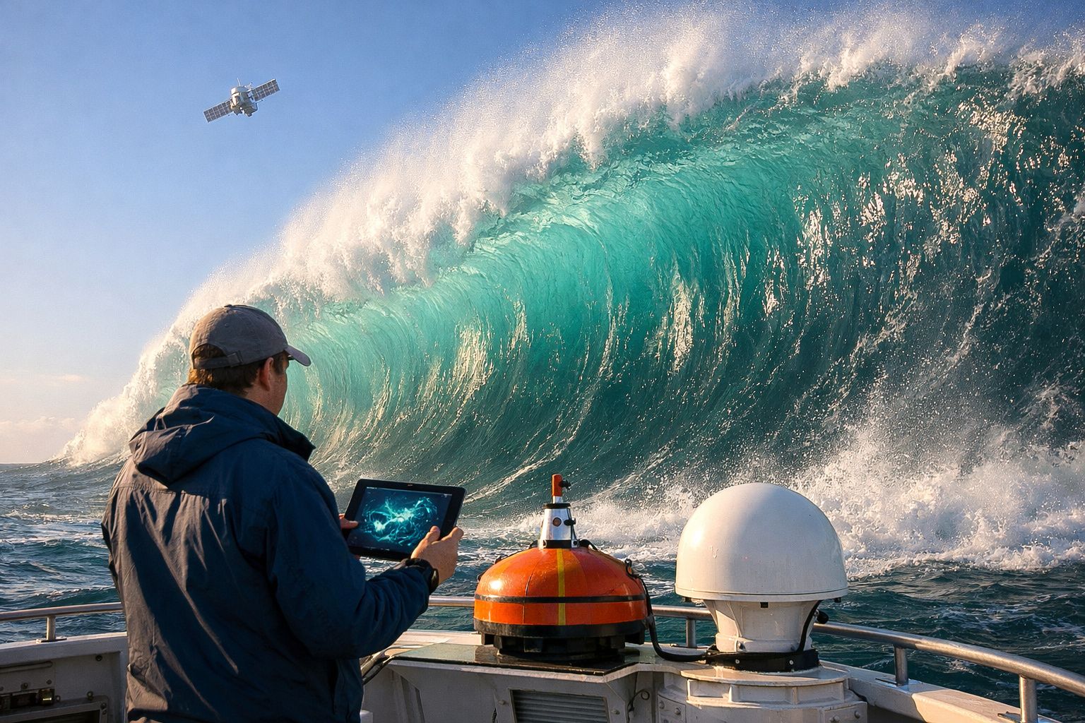Pessoa a controlar equipamento numa embarcação enquanto uma grande onda azul se eleva ao fundo com um satélite no céu.