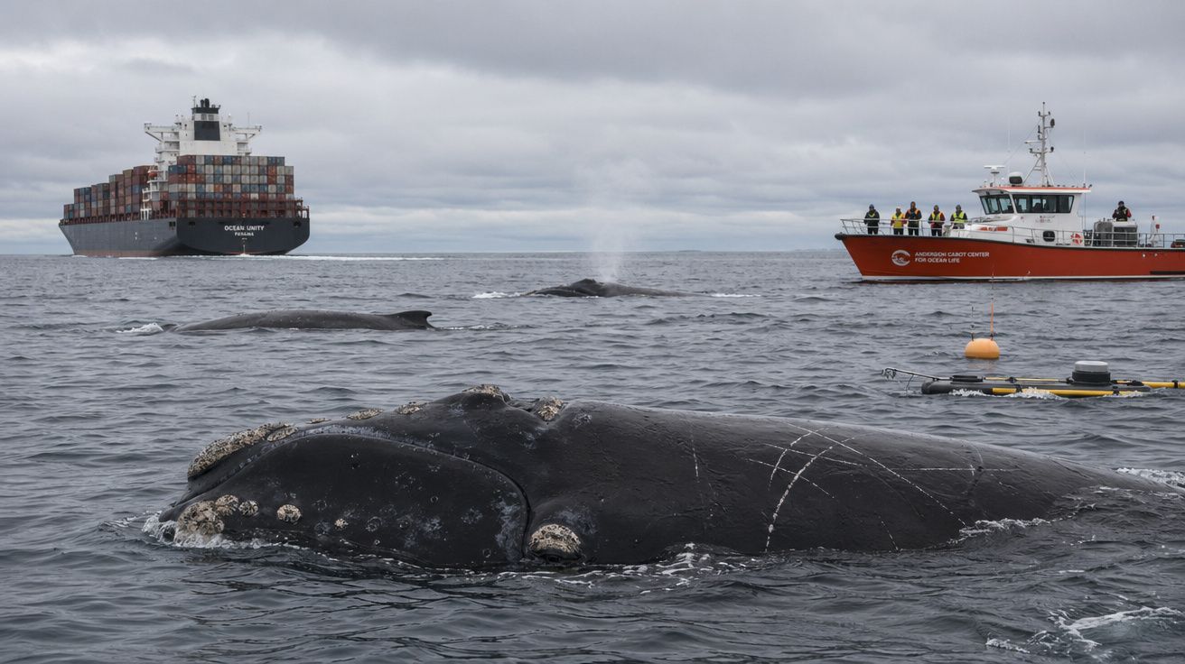 Baleia perto da superfície do mar, navio porta-contentores e barco de observação ao fundo, céu nublado.