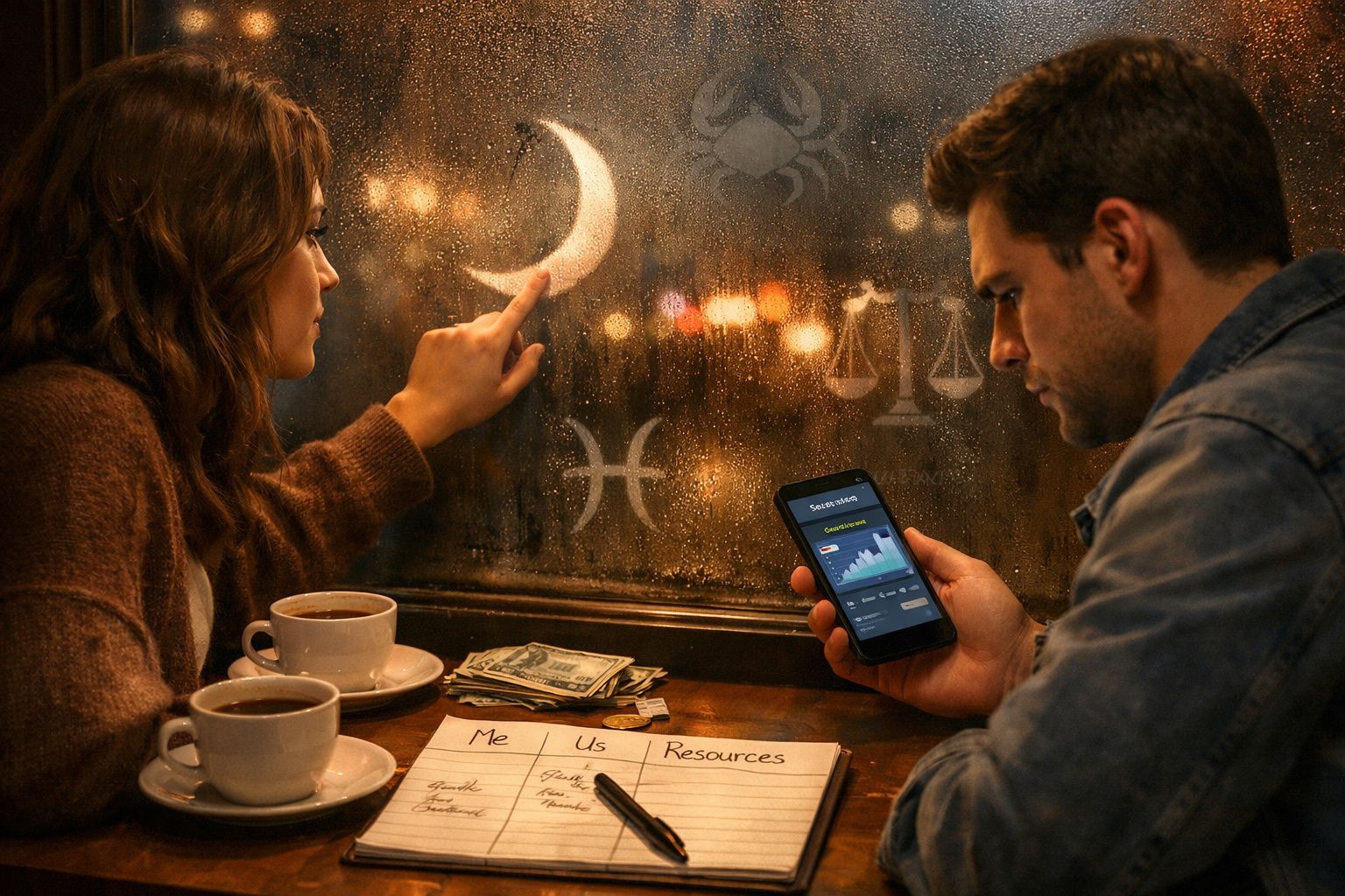 Casal sentado junto a uma janela húmida, ela desenha uma lua, ele vê gráficos no telemóvel, mesa com café e notas.