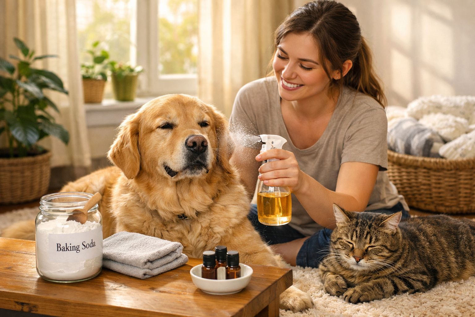 Mulher borrifando produto num cão golden retriever ao lado de um gato relaxado em sala iluminada.