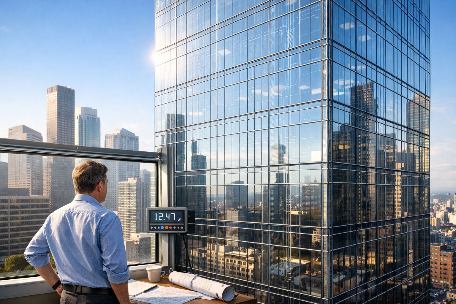 Homem de camisa azul observa um dispositivo digital no terraço em frente a edifícios envidraçados de uma cidade.
