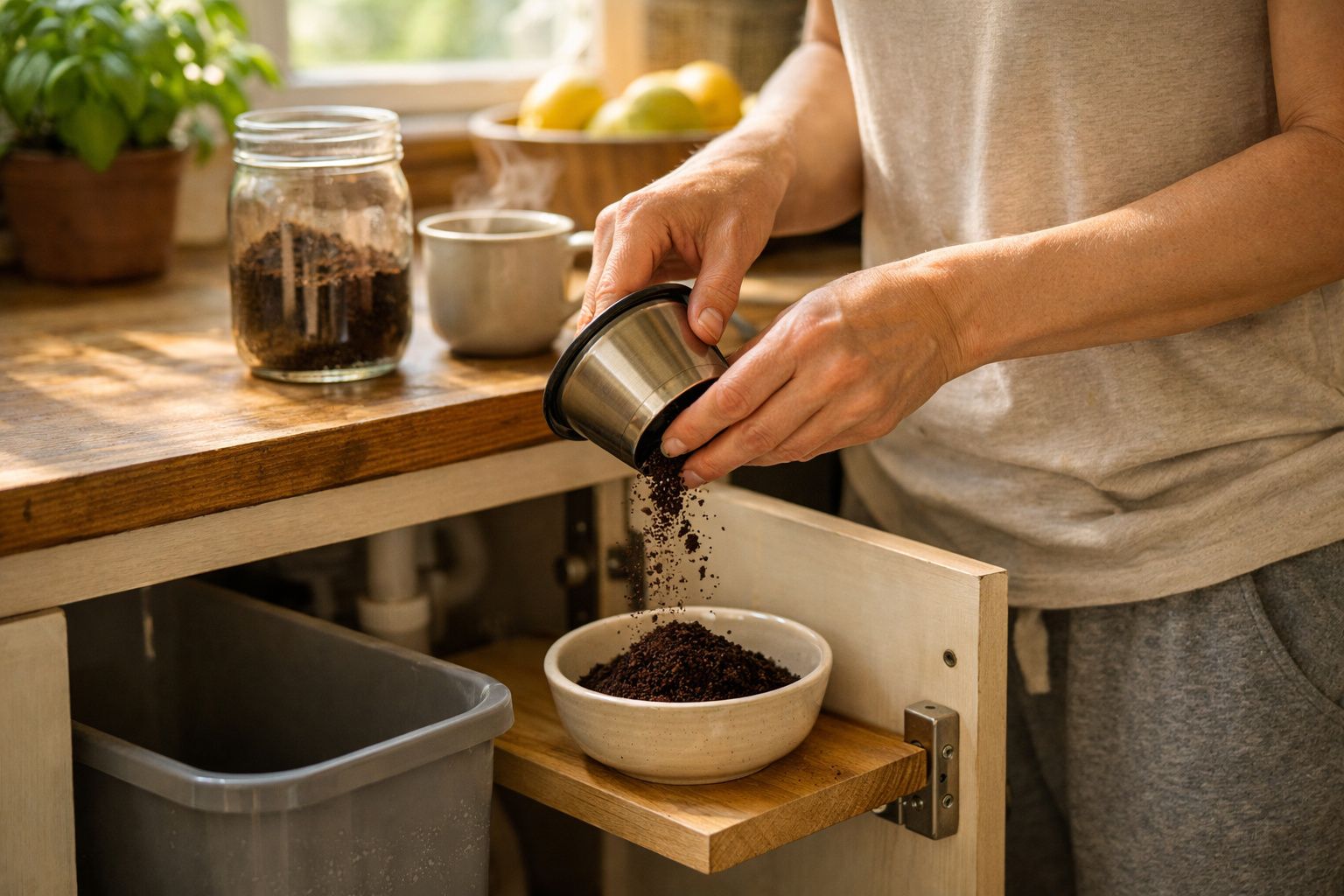 Pessoa a esvaziar cápsula de café numa tigela dentro de um armário de cozinha iluminado por luz natural.