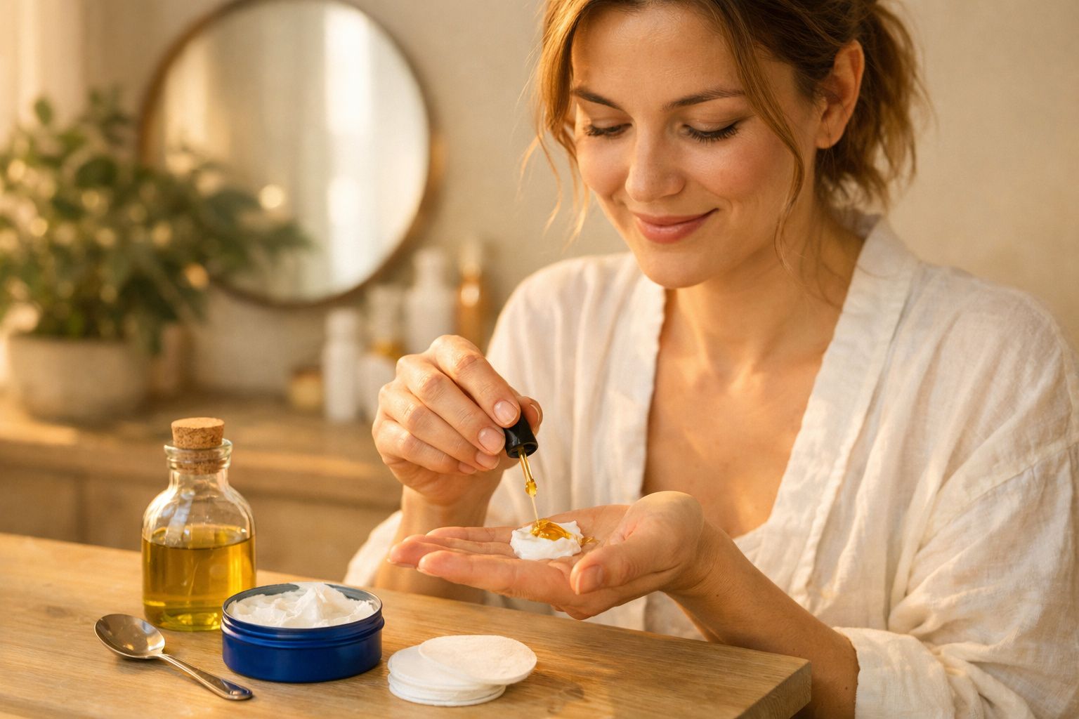 Mulher a aplicar óleo facial numa mão, com creme e garrafa de óleo numa mesa em ambiente acolhedor.