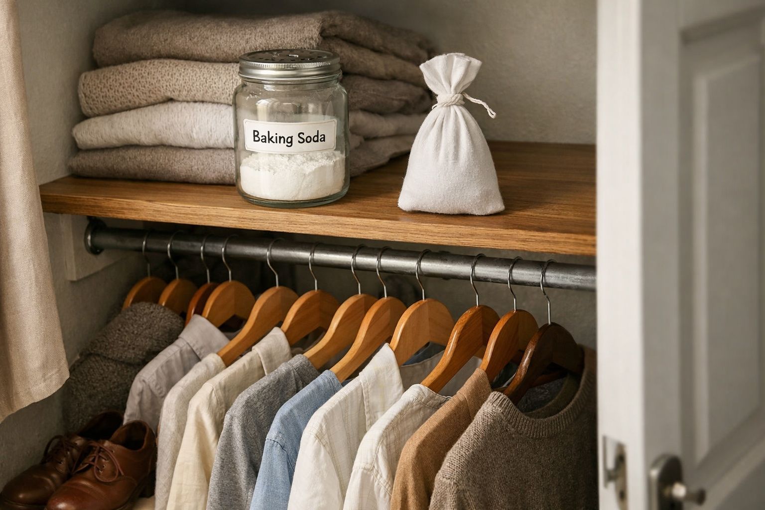 Roupa pendurada, frascos com bicarbonato de sódio e saco de tecido numa prateleira de madeira num armário organizado.