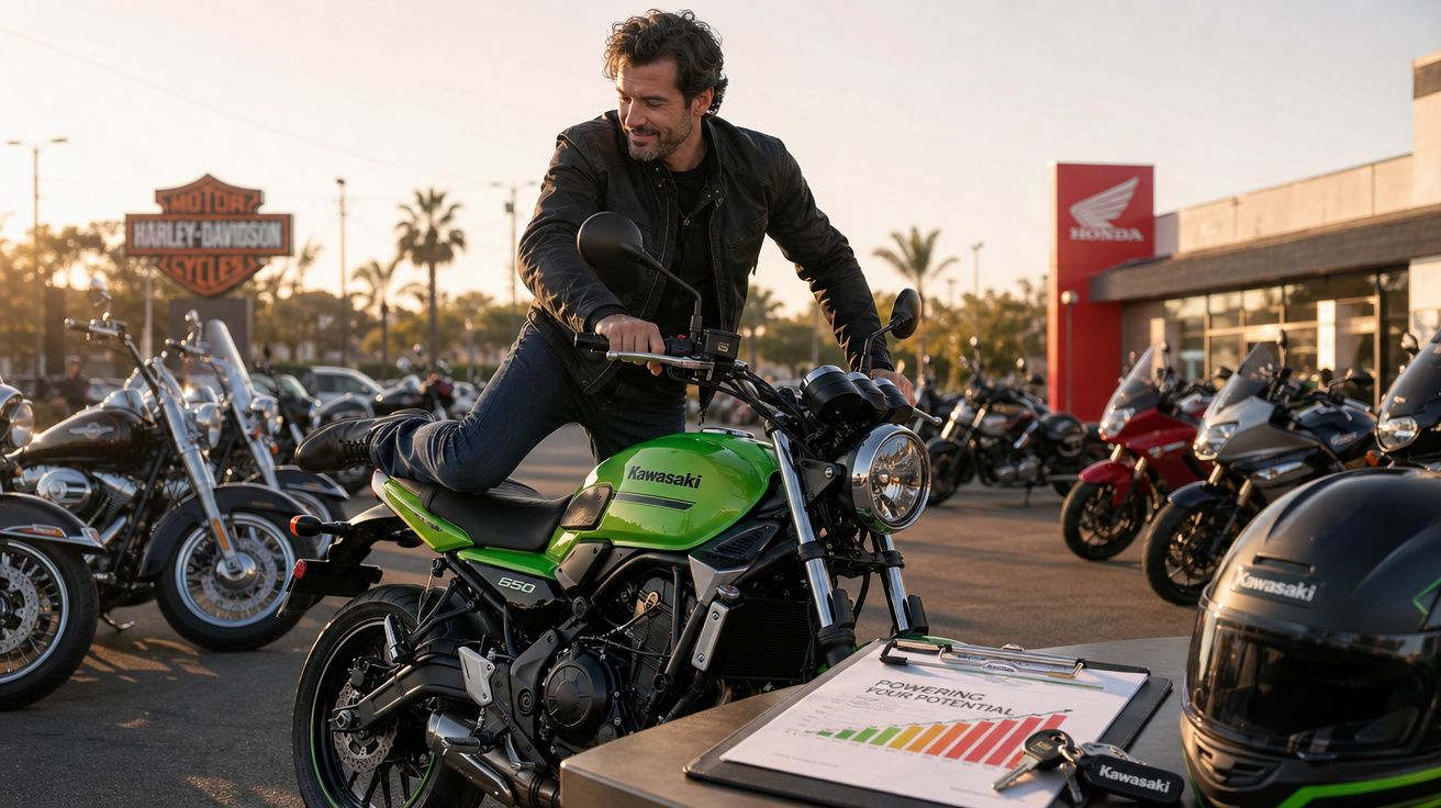 Homem com jaqueta preta monta mota Kawasaki verde num salão de motos ao pôr do sol.