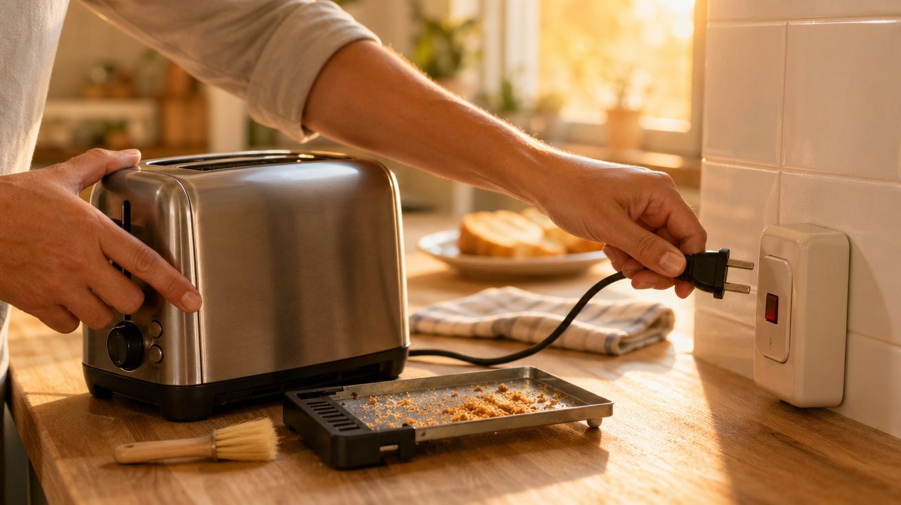 Pessoa a ligar uma torradeira metálica na tomada numa cozinha com luz natural e migalhas no tabuleiro.