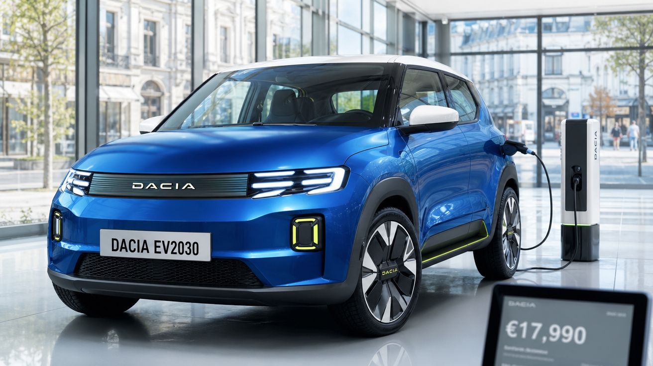 Carro elétrico azul Dacia EV2030 em exposição, ligado a estação de carregamento com preço visível.