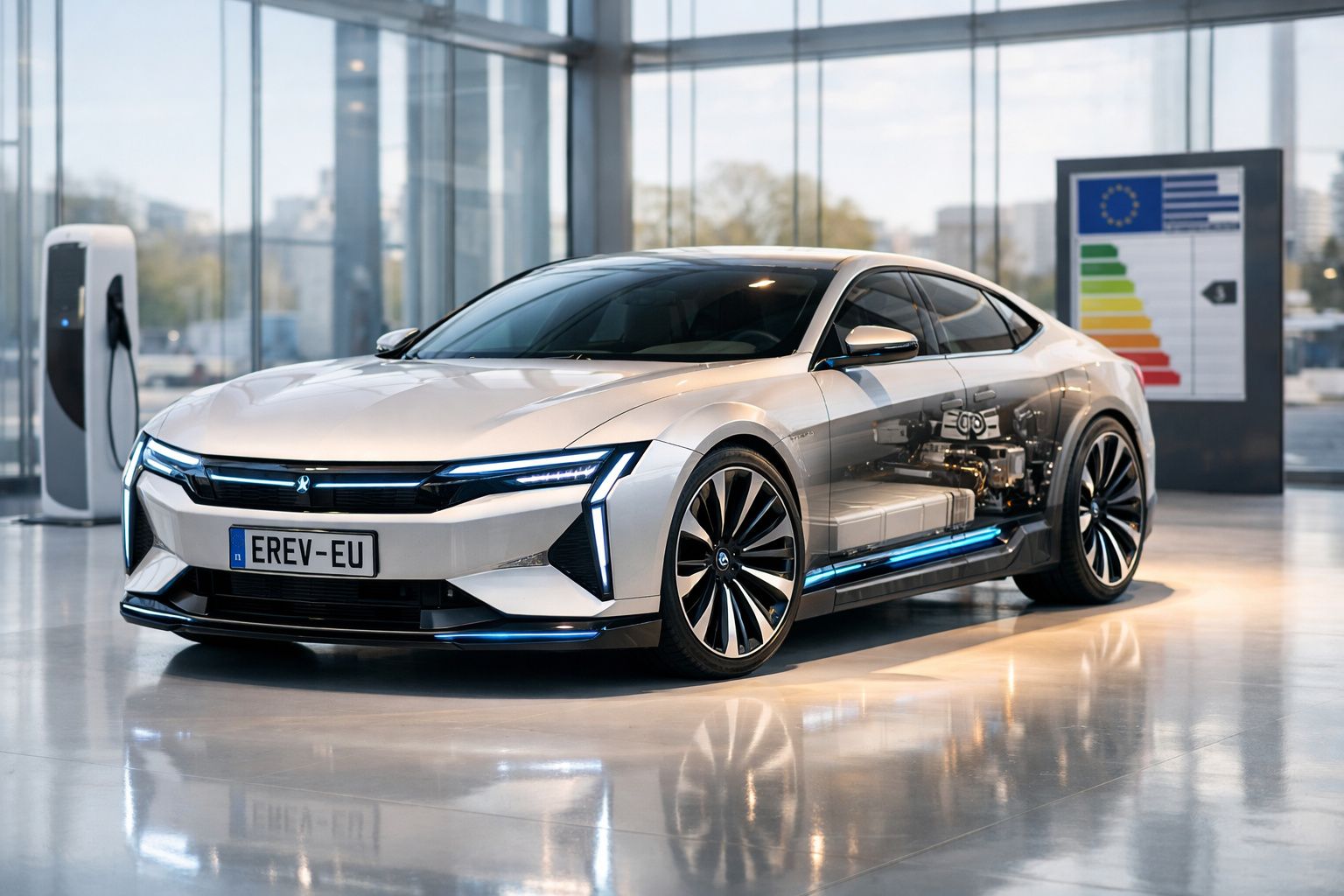 Carro elétrico moderno prateado num showroom com painel de eficiência energética da UE ao fundo.
